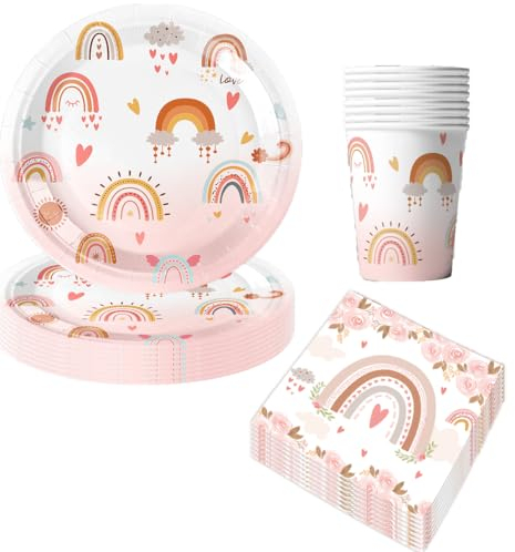 Vaisselle Anniversaire Arc-en-ciel Bohème, Decoration Fille pour Fête d'Anniversaire
