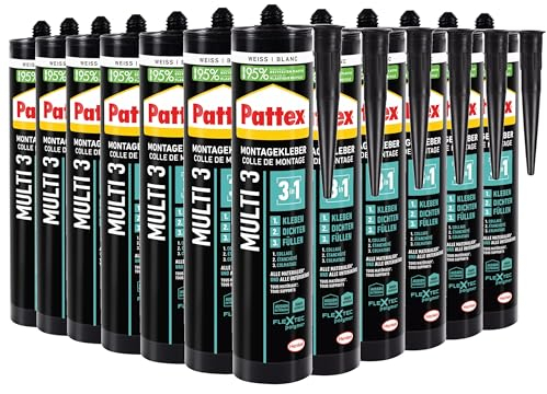 Pattex Montage Multi 3, 3in1 Montagekleber, starker Kraftkleber für fast alle Materialien*, wetterbeständiger Baukleber für innen und außen**, weiß, 12x390g Kartusche