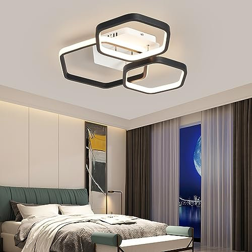 IWANTDO Schlafzimmer Deckenleuchte LED Deckenlampe Dimmbar mit Fernbedienung Modern Sechseck Ring Design für Wohnzimmer Esszimmer Küche Lampe BD392 Wohnzimmerlampe (Schwarz, L45cm*W43cm*H9.5cm-52W)