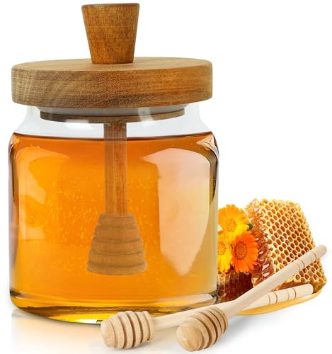 Loscarol Honey Pot with Dipper and Lid - 18oz Glass Honey Jar with Wooden Honey Dippers Stick Set, Wide Mouth Honey Containers - Airtight Syrup Dispenser for Home Kitchen