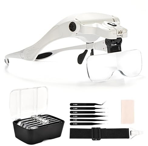 DEESOSPRO Gafas de lupa con iluminación LED (1,0 x 3,5 X) para usuarios de gafas y personas mayores, 6 pinzas ESD + lentes intercambiables, diadema ajustable para reparación electrónica, modelismo,