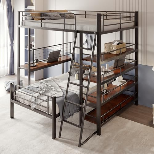 Wyibwy Cama alta de matrimonio de 140 x 200 cm de estructura metálica, multifuncional, litera con múltiples compartimentos, cama inferior de 90 x 200 cm, para niños, adolescentes y adultos, color