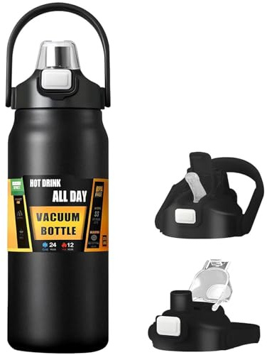 Ogetok Insulated Water Bottle with 2-in-1 Straw, 1.5L/50oz Stainless Steel Sports Drink Bottle, Leakproof Large Metal Vacuum Thermal Flask with Handle, 24H Cold & 12H Hot, Double Walled, Black