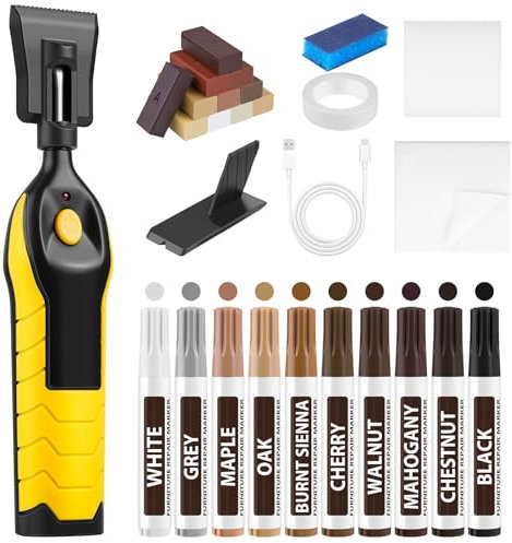 POFIBO Kit Riparazione Parquet Laminato - Kit Riparazione Legno con 11 Colori di Cera Dura, 10 Pennarelli e Ricaricabile USB Strumento di Fusione per Mobili, Pavimenti in Vinile, Graffi, Crepe e Buchi