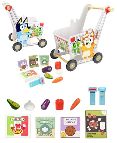 Bluey Carrito de la Compra de Madera – Carrito de la Compra de 11 Piezas con escáner y Accesorios de Alimentos – Madera ecológica – Juguete Deslizante para niños a Partir de 18 Meses – Juguetes de