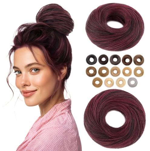MY-LADY Haarteil Mit Gummiband Dutt Haarteil Haargummi Mit Haaren Glatt 100% Echthaar, Hochsteckfrisuren Haarverlängerung für Damen Mädchen (#1P99J Schwarz/Bordeauxrot,17g)