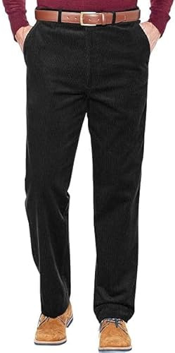 Men’s Corduroy Trousers – Classic Straight Leg Flat Front Cotton Cord Pants – Smart Casual Business Office Work Formal Wear Comfortable Durable Corduroy Bottoms Black 38/29