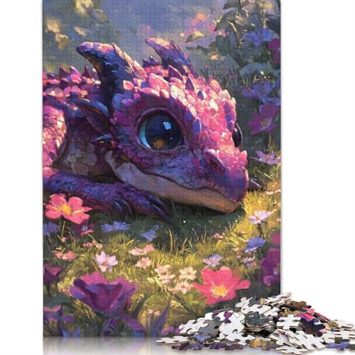 Puzzle 1000 pezzi Drago Rosa Carino in un prato fiorito per adulti e adolescenti, puzzle di carta per adolescenti, regali, giochi di puzzle rilassanti, 38 x 26 cm/1000 pezzi