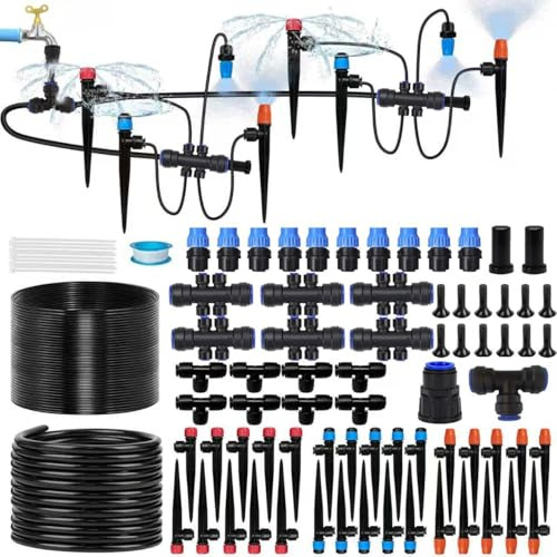 Sistema di Irrigazione a Goccia per Giardino con 40 Ugelli e Gocciolatori, 230FT Impianto di Irrigazione Kit con 1/2 e 1/4 e Raccordi, per Serra, Orto e Aiuole Rialzate