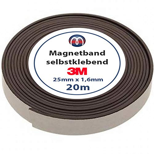 Magnosphere Magnetband Magnetstreifen selbstklebend mit 3M Kleber 1,6mm x 25mm x 20m - starker 3M-Kleber auf der Rückseite, optimale Haftkraft - 1 Rolle
