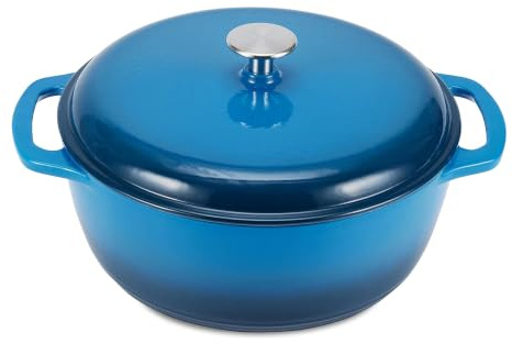 Amazon Basics Enameled Cast Iron Dutch Oven Pot with Lid, Dual Handles, Heavy-Duty, Oven Safe, Round, 4.3-Quart, Blue