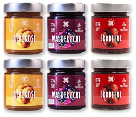 NO SUGAR SUGAR Fruchtaufstrich Probier-Set Erdbeere, Waldfrucht, Aprikose, ohne Zuckerzusatz mindestens 80% Fruchtanteil mit Erythrit und Stevia | Brotaufstrich hergestellt in der EU