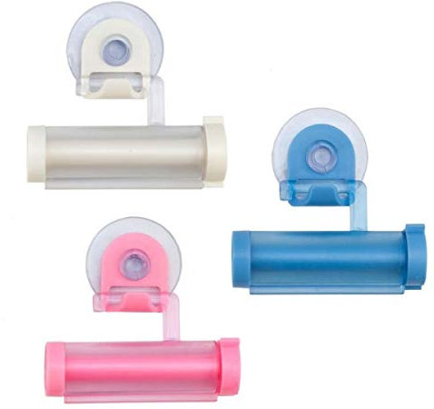 Lantelme 3 Stück Tubenquetscher Set mit Saugnapf Halterung | Tubenausdrücker Quetscher zum restlosen entleeren von Zahnpasta und Creme Tuben | Kunststoff Farbe weiß rosa und blau | Tubenpresse