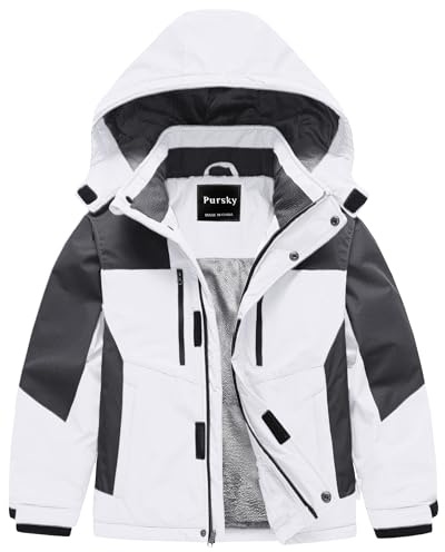 Pursky Kids Coats Boys Ski Jackets Waterproof Snowboard Winter Jacket White 6/7