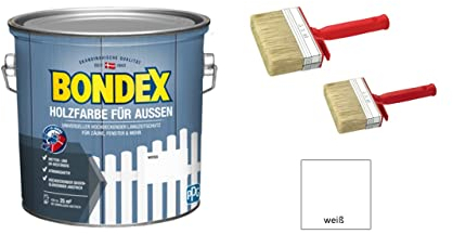 zbs24 Bondex Holzfarbe für Außen, hochdeckender Wetterschutzanstrich, Wetter- & UV-beständig, atmungsaktiv inkl. 3-teiligem Pinselset (weiß, 2,5 Liters)