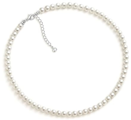 Zeffy Pearl Necklace for Women, 6MM Dainty Round Imitation Pearl Choker Necklace Wedding Delicate Jewelry for Women Simple Bridesmaid Jewelry Valentines Day Gifts