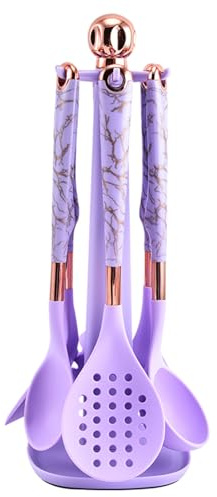 UXIYI 7pcs Kitchen Utensils Set Silicone Cooking Utensil with Rotating Stand, Kitchen Tools Spatula Set, Pasta Server, Soup Laddle, Solid Spoon,Purple