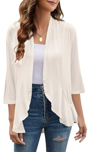 Yekaty Women Cardigan 2026 Shrug 3/4 Sleeve Lightweight Open Front Draped Cardigans Casual Blouse Tops Cream
