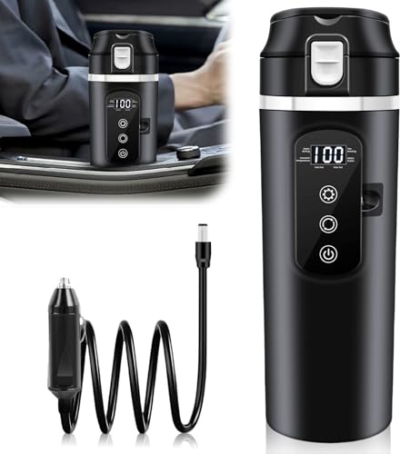 500ml Auto-Heizbecher, 12V/24V Auto Wasserkocher mit LCD-Anzeige, 45-100W Tragbare Heizung Reise Wasserkessel mit temperatureinstellung, Schnell kochende Flasche, Anti-Trockenbrand-Schutz