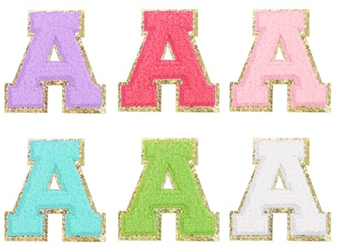 QUARKZMAN 6 stycken bokstäver att stryka, självhäftande chenille-bokstäver A med glitterguldkant, broderad lapp för kläder, väska, bärbar dator, mobiltelefonfodral