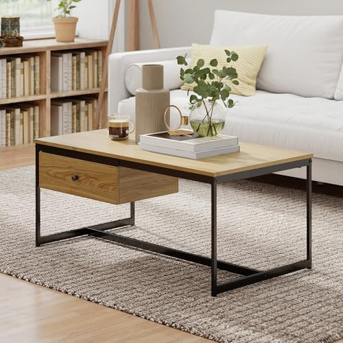 Manora Mesa de Centro Rectangular Moderna, Mesa Auxiliar con Cajones de Almacenamiento, Mesa de Salón con Estructura de Metal, Mesa Baja para Sala de Estar, Oficina, Balcón, 110 x 60 x 42cm, Natural