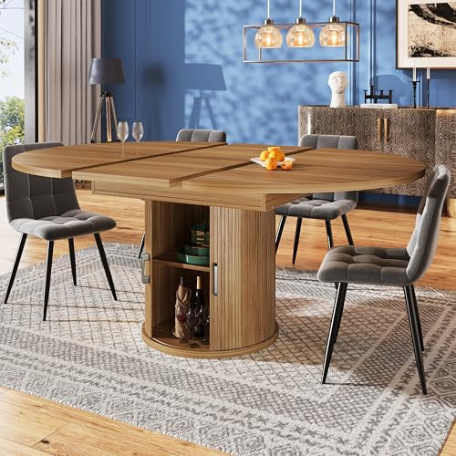 Easexcy Esstisch ausziehbar, Esszimmertisch, Küchentisch, ausziehbare Tischplatte Runder Esstisch, ausziehbar zu oval, 118-158 cm, Platz für bis zu 6 Personen (Walnut)