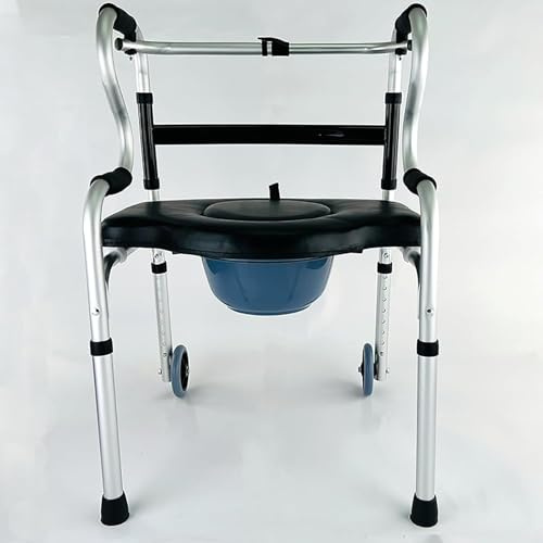 Folding Bedside Commode Chair - Foldable Shower Toilet Wheelchair with Chamber Pot, Height Adjustable with Backrest for Seniors, Pregnant Women, and the Handicapped