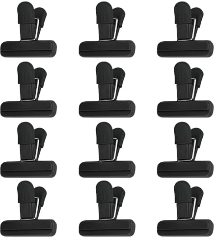 KOOOGEAR Lot de 12 clips de fermeture pour sachets - Noir - Colorés - Réutilisables - Pour emballer des bonbons et des collations (12 petits noirs)