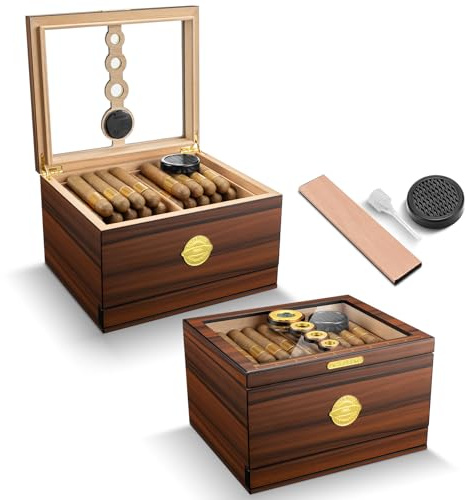 CLZOONG - Bodega de cigarros de madera de cedro con humidificador e higrómetro y medidor de cigarros para el hogar y la oficina, caja de almacenamiento para hombres (Large for 50 cigarros)