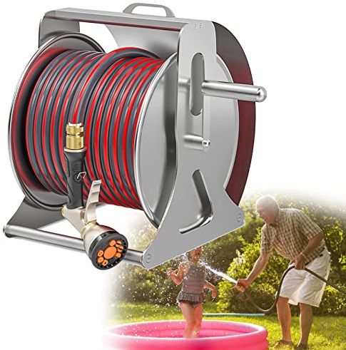 Heavy Duty Metal Water Pipe Storage Stand Rack - 9 in 1 Spray Guns with 180 Degrees Swiveling, Garden Hose Reel for Yard and Lawn