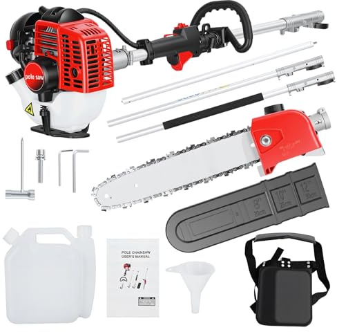 Taille Haie Telescopique Thermique 3,6m, Elagueuse Sur Perche 26CC pour Jardin avec Moteur 2 Temps, Outil Multi-fonctions pour Taille de Haies et Abattage D'branches Rouge