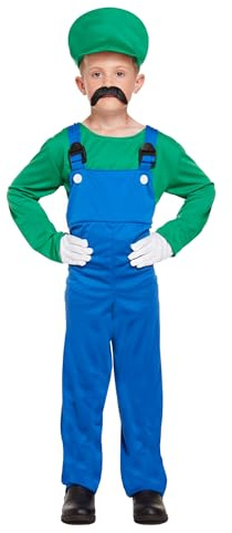 HENBRANDT Barngrön superrörmokare maskeraddräkt retro 1980-tals videospel grön + blå overaller mustasch bröder storlek stora åldrar 10-12 maskeraddräkt för pojkar super arbetare outfit för barn