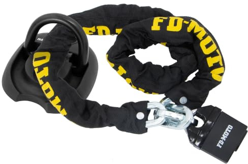 FD-Moto Black/Yellow Steel Chain Lock + Ground Wall Anchor (4 Bolts) | 2.9Kg 1.2M*10mm Steel Anti-Theft Heavy Duty for Motorbike Motorcycle Scooter Bike Bicycle