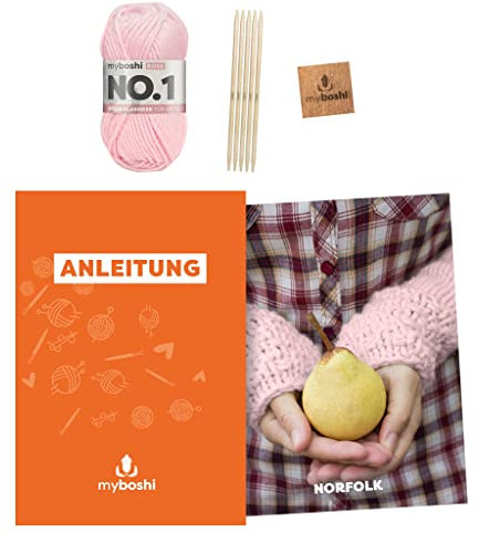 myboshi Strickset Stulpen Norfolk, inkl. No.1 Wolle, Nadel und Anleitung, original Label, Strickpaket, 30% Merinowolle Rosa, mit Nadelspiel