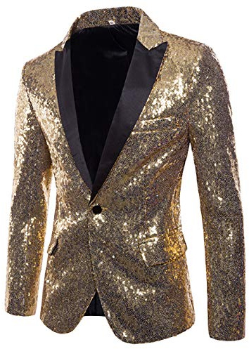 FeMereina Men's Shiny Sequins Suit Jacket Blazer One Button Tuxedo for Party,Wedding,Banquet,Prom (Gold, L)