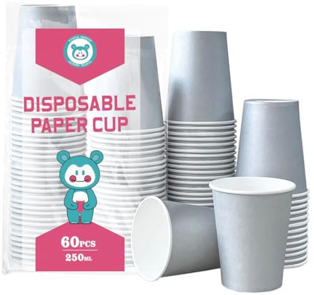 Yuxitia Silver engångs pappersmuggar, 60 st pappersmuggar för gör-det-själv bröllop julfest picknick BBQ resor och evenemang 8 oz (silver)