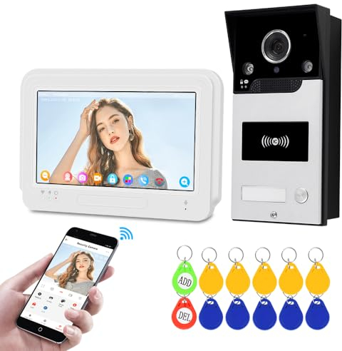FTes RFKits Tuya 1080P 7pollici Colore Schermo Videocitofono WLAN senza fili WiFi Video Campanell Sensore PIR Smart APP Kit per Citofono Domestico di RFID Controllo Accesso