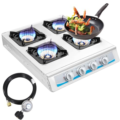 Propane Gas Stove,4 Burner Gas StovePortable Gas Stove Auto Ignition Camping Stainless Steel Stove 4 Burner LPG for RV, Apartment,Outdoor