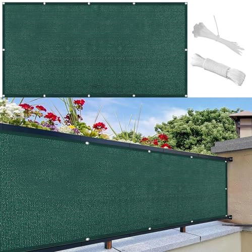 Balkon Sichtschutz 40 x 650 cm 100% Privatsphäre Balkon-Verkleidung Schattiernetz Reißfest, mit Ösen Kabelbinder Sichtschutz für Balkon Terrasse, Dunkelgrün