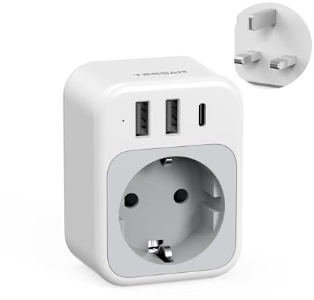 TESSAN Adattatore Universale da Viaggio con retrattile cavo USB C PD 35 W, Presa Universale da Viaggio con 4 USB e 1 AC, Adattatore Presa Inglese Giappone USA Australia Svizzera Tailandia Cina