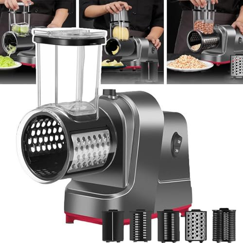 QIeAny Râpe À Fromage Électrique, Trancheuse À Légumes, Gros Calibre, avec 5 Types De Lames, Poudre De Broyage + Fil Plat Coupé De 2 Mm/Fil De 4 Mm D'épaisseur,A