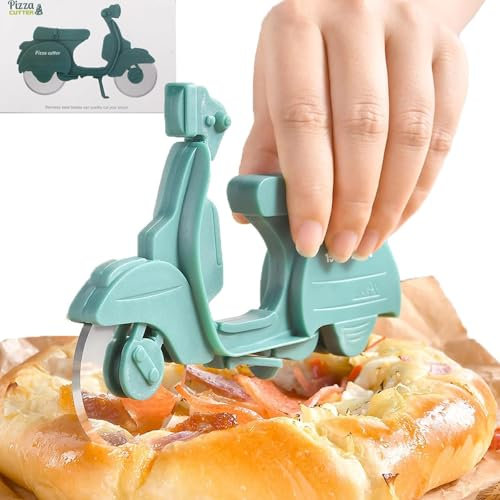 CVNRCLP - Tagliapizza in acciaio inox con due ruote, design a forma di moto, gadget da cucina verde unico per affettare la pizza senza sforzo