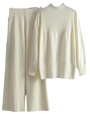 HEYDHSDC Lässiges Strickset für Damen, zweiteilig, Rundhalsausschnitt, geteilter Pullover + gestreifte lange Hose, weiß, Einheitsgröße