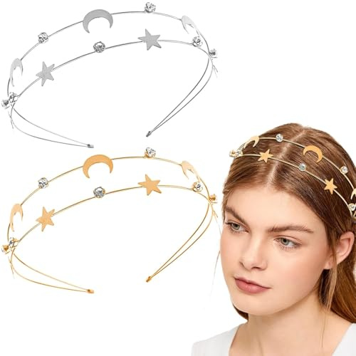 TELAIN Stern-Haarreif Damen, 2er Set In Gold Und Silber Mit Strass, Bequem Und Haltbar, Für Feste Und Alltag