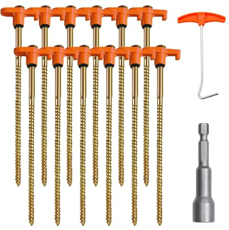 KUUGUDE 12 Stück Drehbare Zeltheringe mit Schraube - Schraubheringe für Camping mit Bohrer & Zieher, Robuste Stahlheringe für Outdoor (Orange)