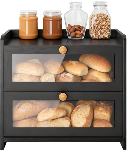CHUNGG Wooden Bread Bin Double, Multi-Functional Storage Large Capacity Corner Bread Box for Kitchen with Transparent Acrylic Window, Simple Style Black