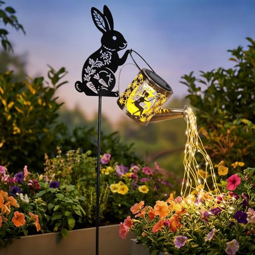 LOVERUIS Garden Statues Bunny with Solar Watering Can Lights, Cute Outdoor Bunny Figurines Easter Garden Decor for Patio Yard Lawn Ornaments, Unique Gift for Women Mom Grandma
