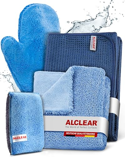 ALCLEAR 8201000 Kit d’Entretien Automobile Professionnel 4 Pièces avec Chiffon de Séchage en Microfibre, Chiffon Universel Double Face, Gant de Lavage et Éponge Microcar sans Brosse pour Jantes