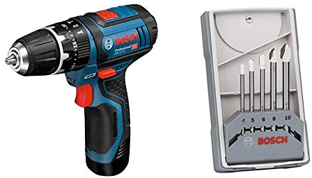 Bosch Professional GSB 12V-15 - Taladro percutor a batería (30 Nm, 1300 rpm, 2 baterías, L-BOXX) + 5 Brocas para Azulejos Set CYL-9 SoftCeramic (para baldosas cerámicas blandas, accesorio) Ø 4-10 mm