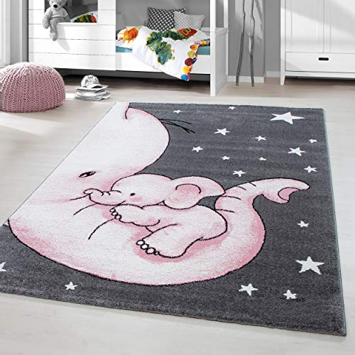 HomebyHome Kinderteppich Rosa 120x170 cm Elefantenmuster Kleiner Mädchen Teppich Kinderzimmer Kurzflor Teppich Extra Weich Antiallergen Babyzimmer Teppich